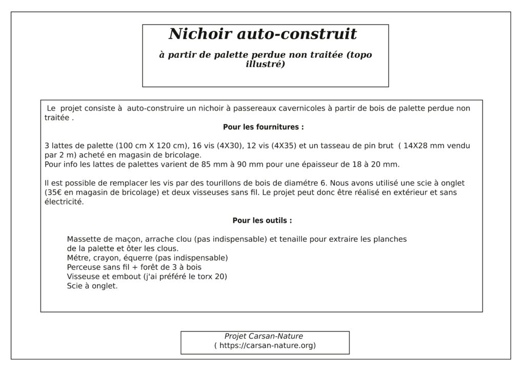 Activité nichoirs auto-construits. Fiche procédure établie par Pierre Pujuguet. Carsan-nature.org