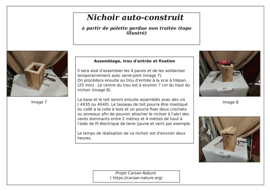 Activité nichoirs auto-construits. Fiche procédure établie par Pierre Pujuguet. Carsan-nature.org